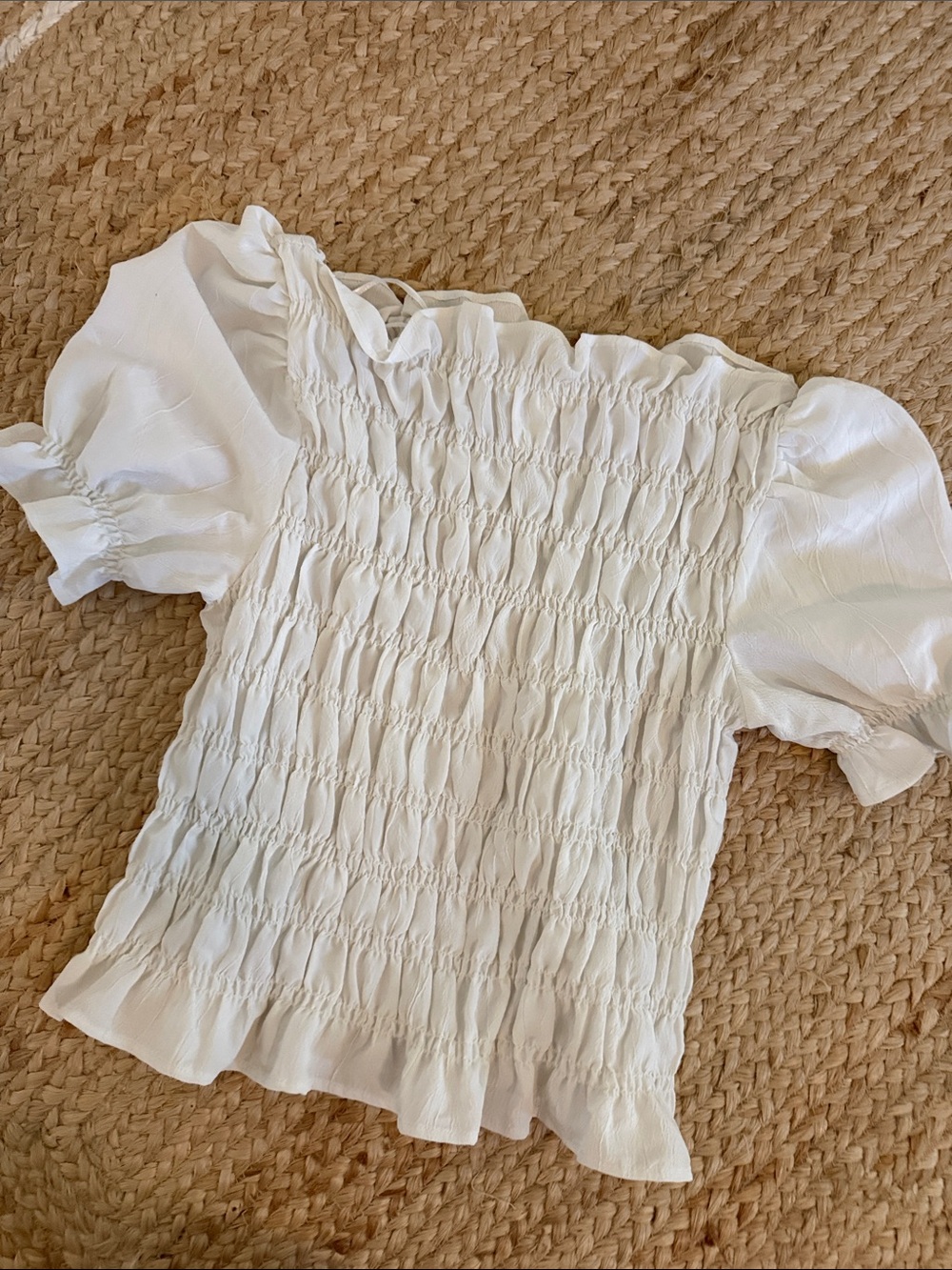 H&M White Smocked Puff Sleeve Top